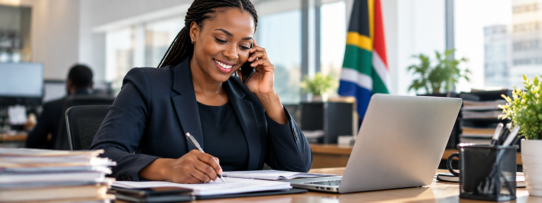 South African professional discussing financial services